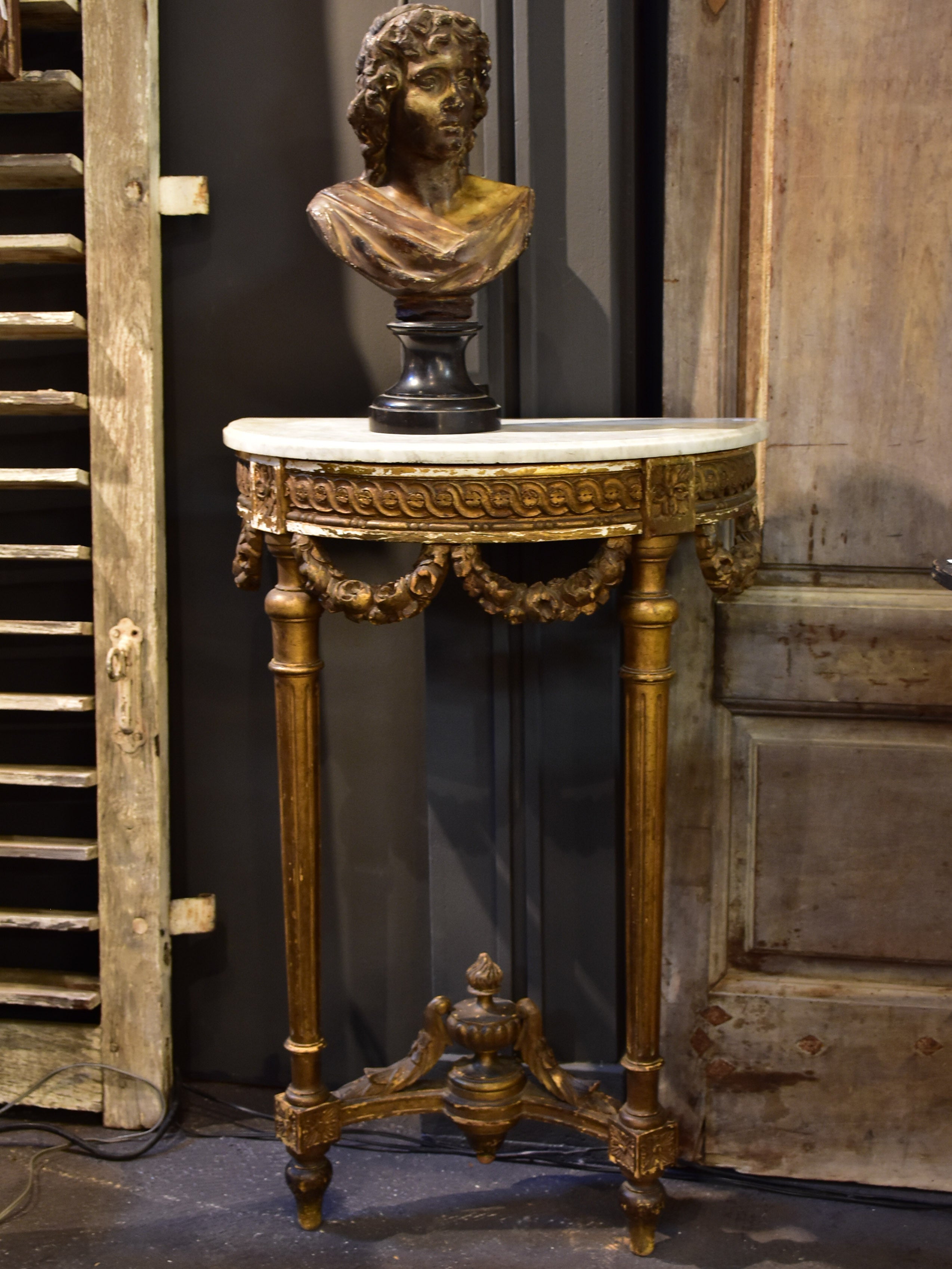 Louis XVI demilune console table with marble top