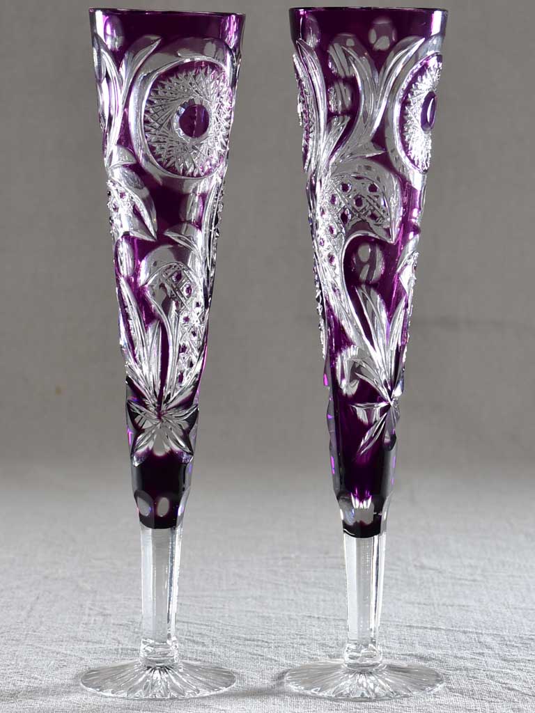 Pair of vintage crystal champagne flutes / vases amethyst violet 12½"