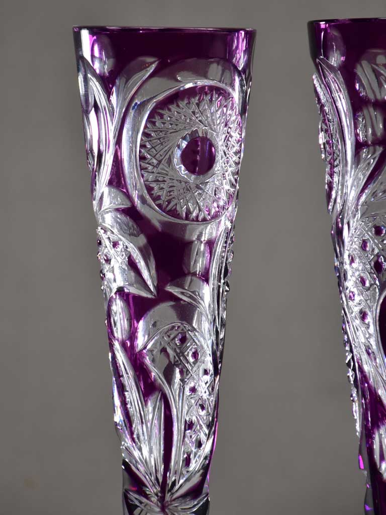 Pair of vintage crystal champagne flutes / vases amethyst violet 12½"