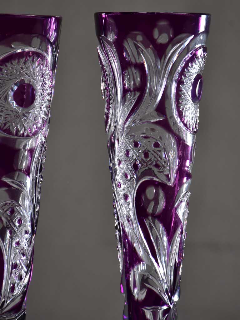 Pair of vintage crystal champagne flutes / vases amethyst violet 12½"