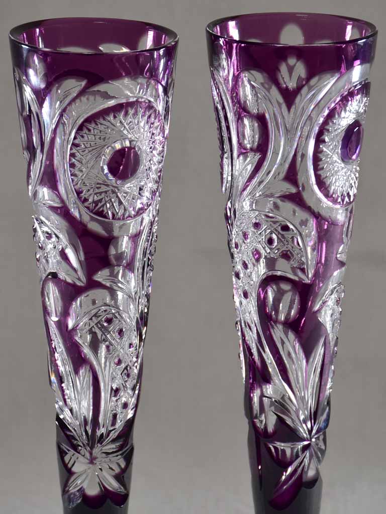 Pair of vintage crystal champagne flutes / vases amethyst violet 12½"