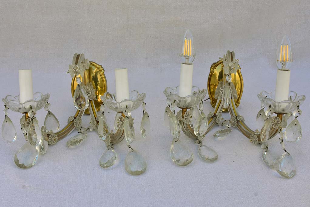 Pair of mid-century French crystal appliques - two lights 11½"