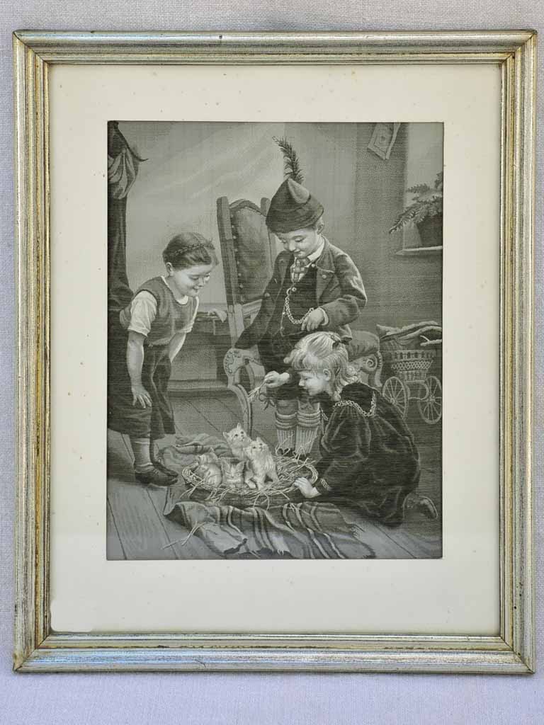 Early 20th Century silk tapestry of children and kittens 11½" x 14½"