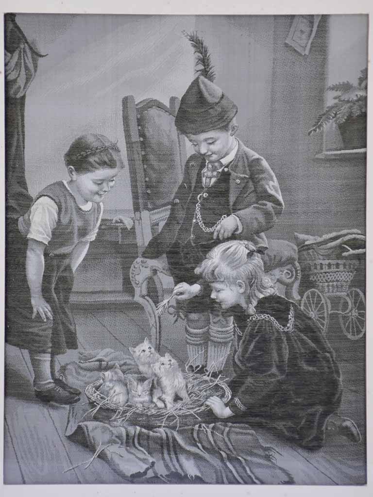 Early 20th Century silk tapestry of children and kittens 11½" x 14½"