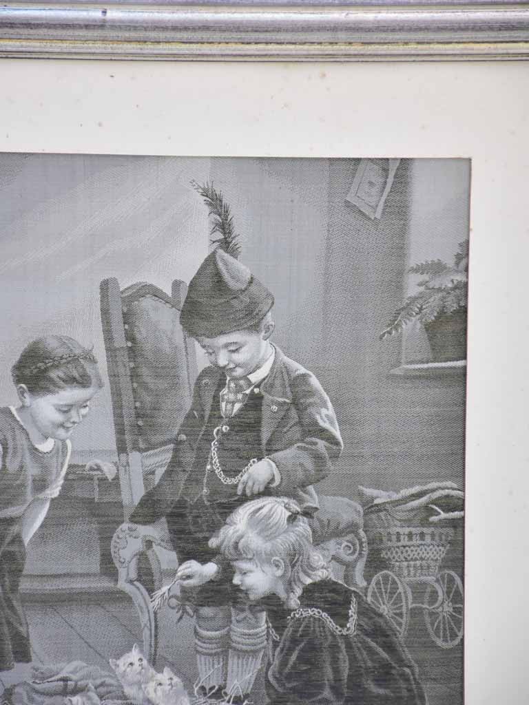 Early 20th Century silk tapestry of children and kittens 11½" x 14½"