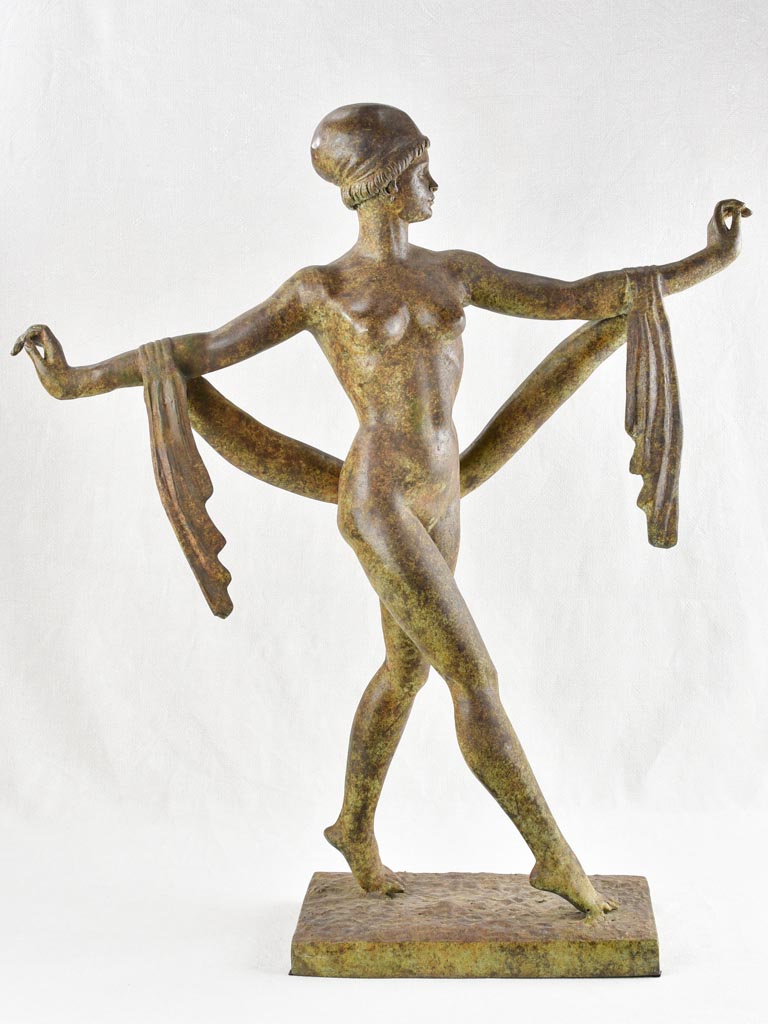 Large vintage bronze sculpture of a lady with a scarf 36½"