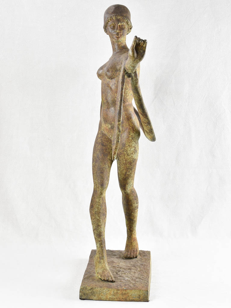 Large vintage bronze sculpture of a lady with a scarf 36½"