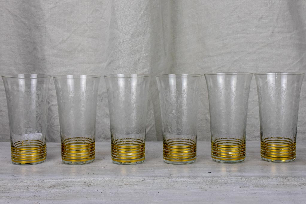 6 engraved antique orangeade glasses with gold stripes