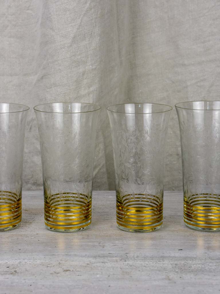 6 engraved antique orangeade glasses with gold stripes