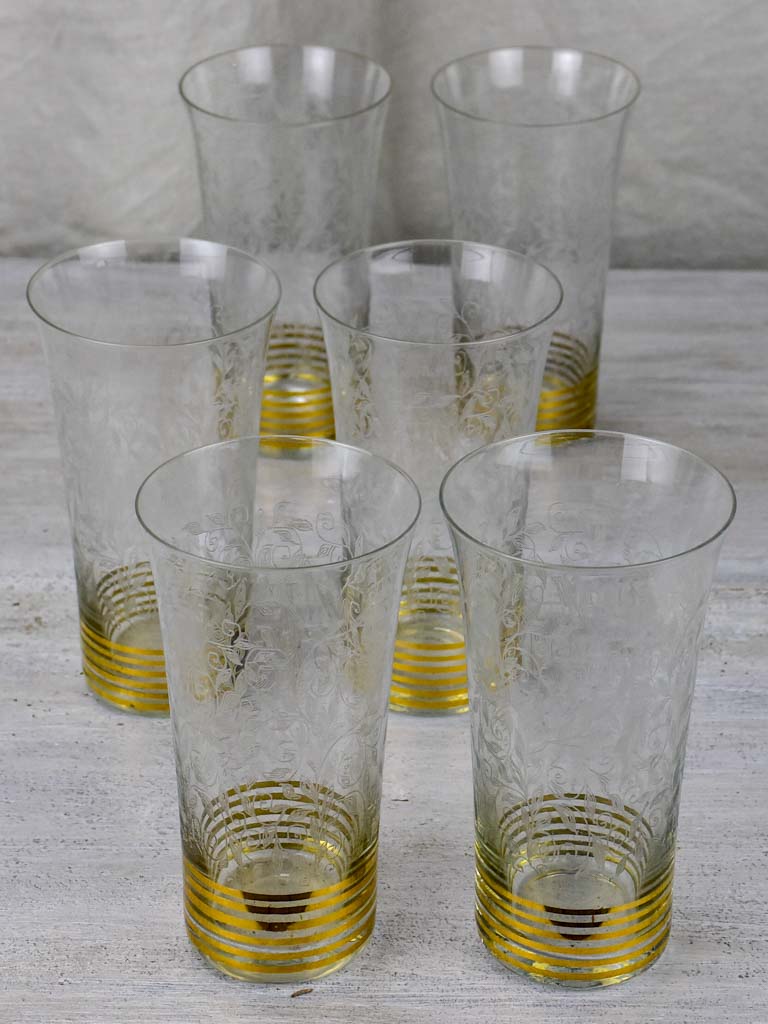6 engraved antique orangeade glasses with gold stripes