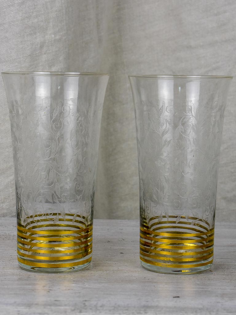 6 engraved antique orangeade glasses with gold stripes
