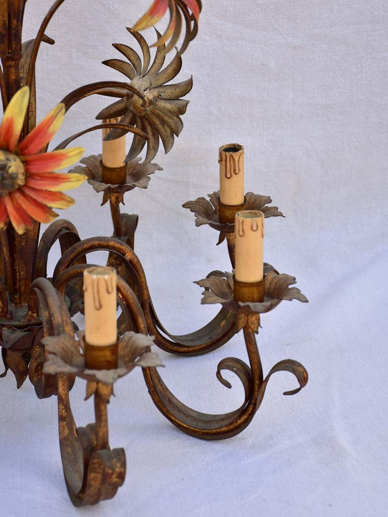 Mid century tole chandelier with daisies and eight lights 24¾"
