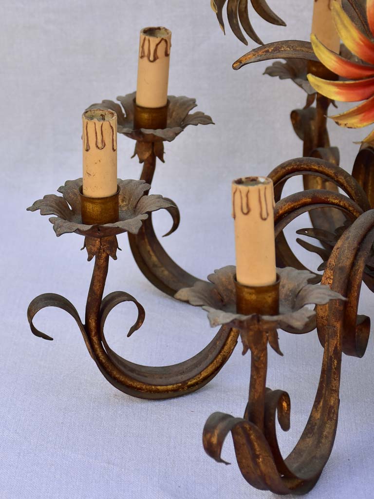 Mid century tole chandelier with daisies and eight lights 24¾"