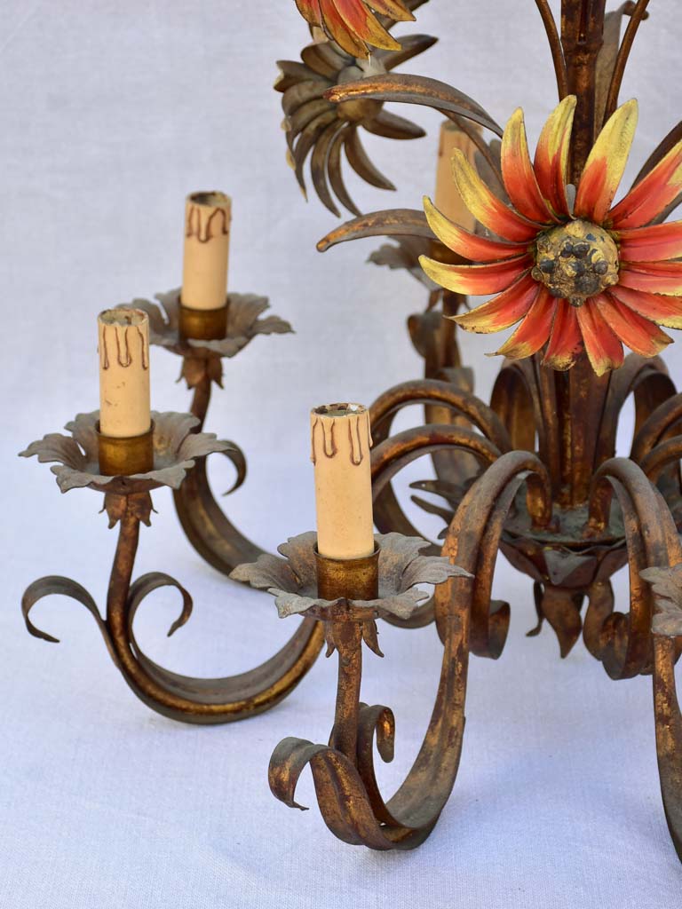 Mid century tole chandelier with daisies and eight lights 24¾"