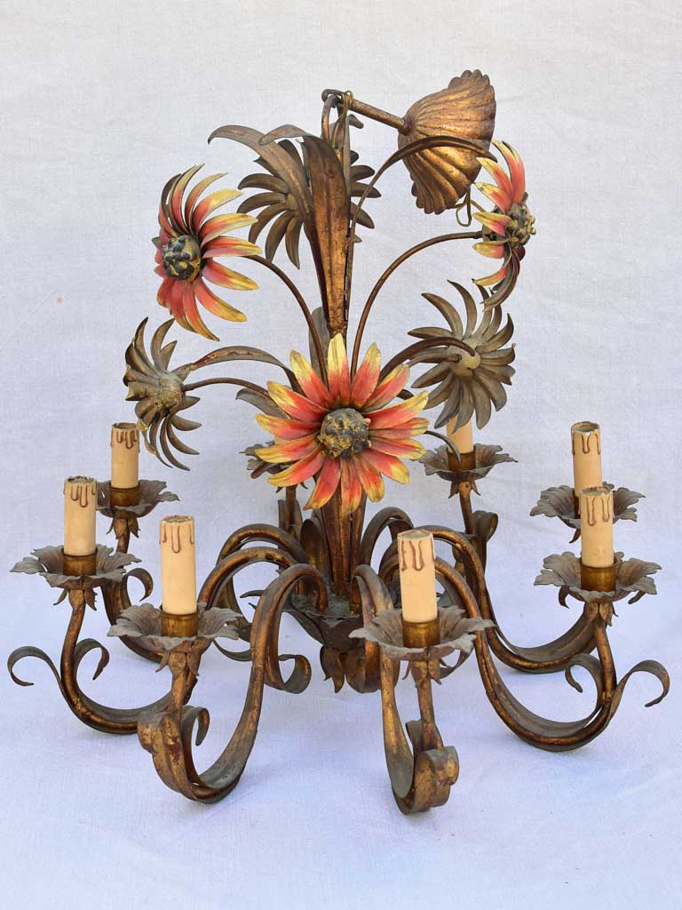 Mid century tole chandelier with daisies and eight lights 24¾"