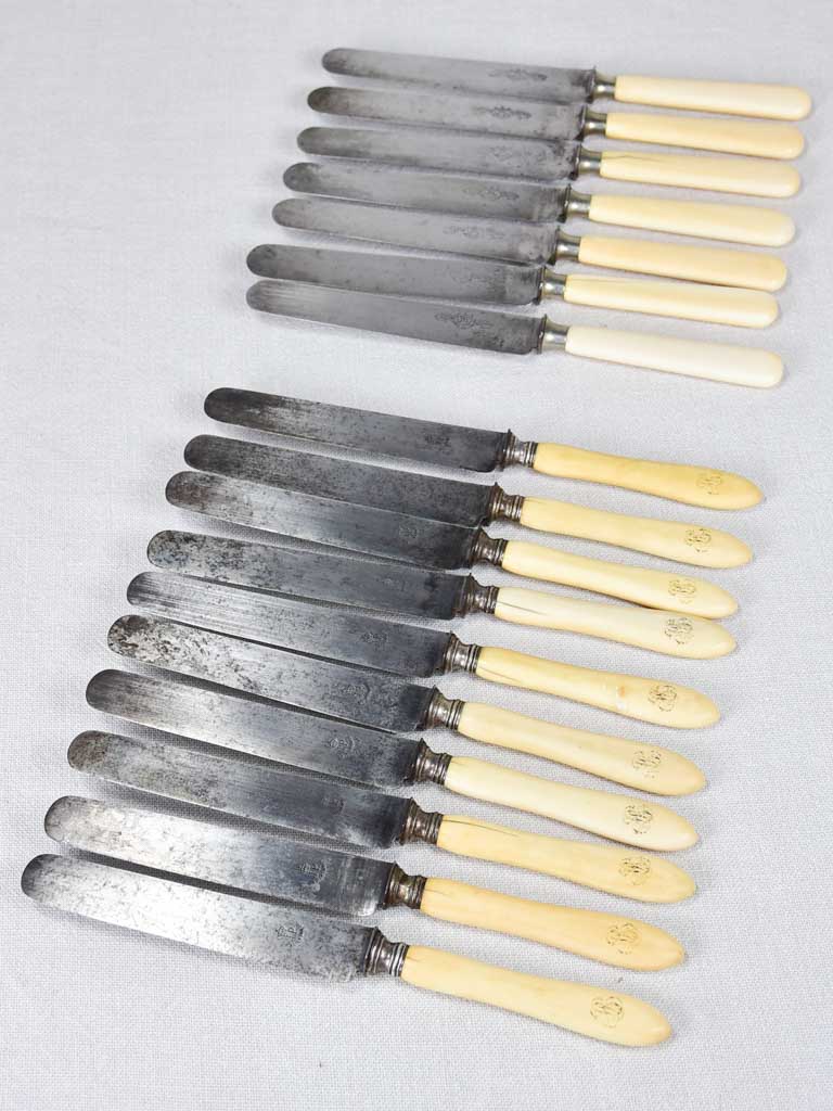 Collection of 17 antique French knives with bone handles