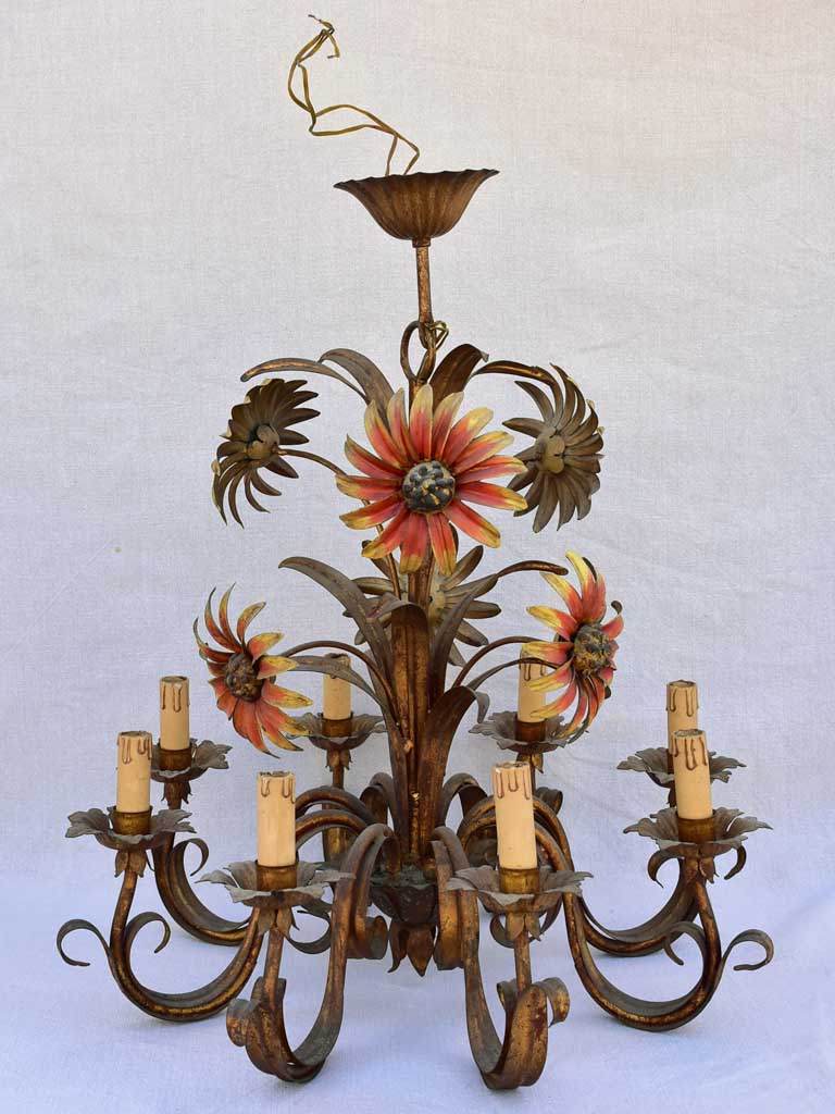 Mid century tole chandelier with daisies and eight lights 24¾"