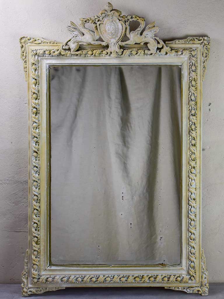 Antique French mirror with cornice and beige patina 26½" x 40½"