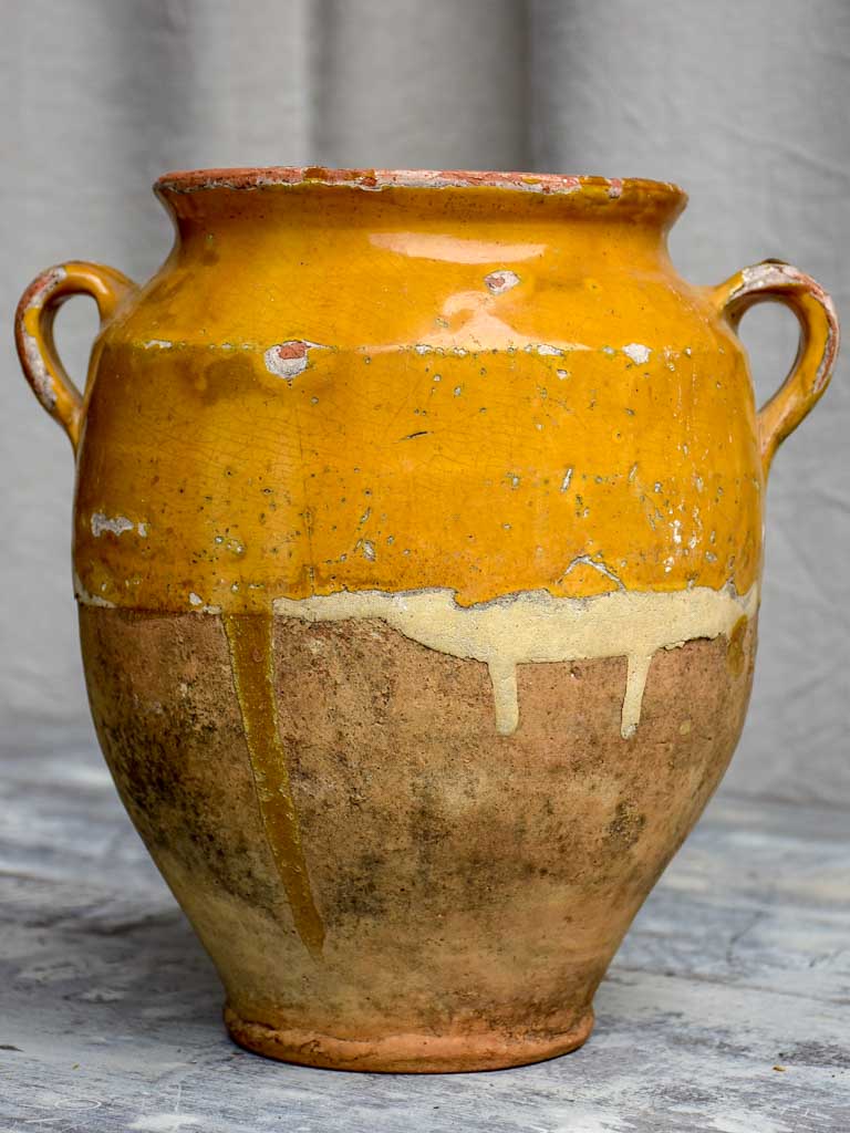 Large antique French confit pot with yellow glaze 11 ½"