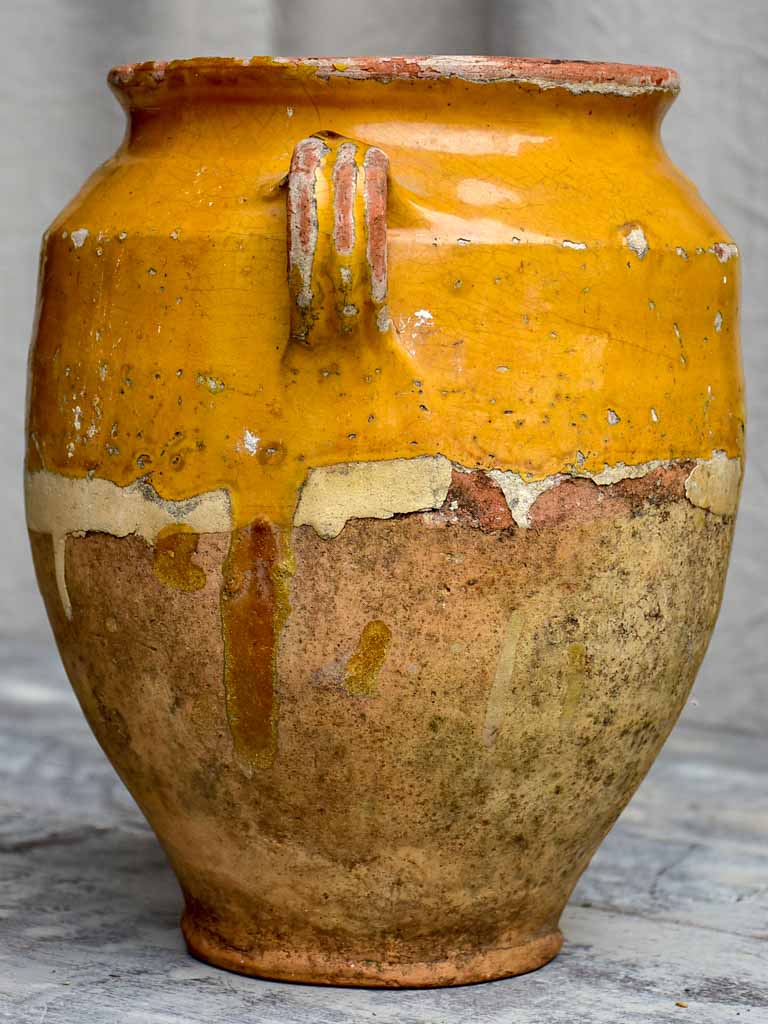 Large antique French confit pot with yellow glaze 11 ½"