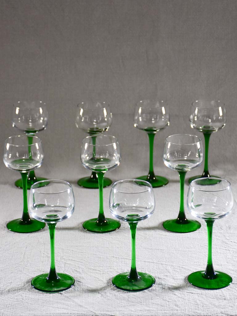 Set of 11 Alsace wine glasses with green stems
