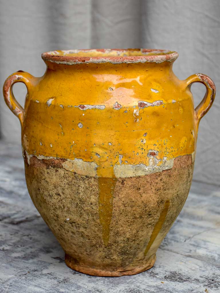 Large antique French confit pot with yellow glaze 11 ½"