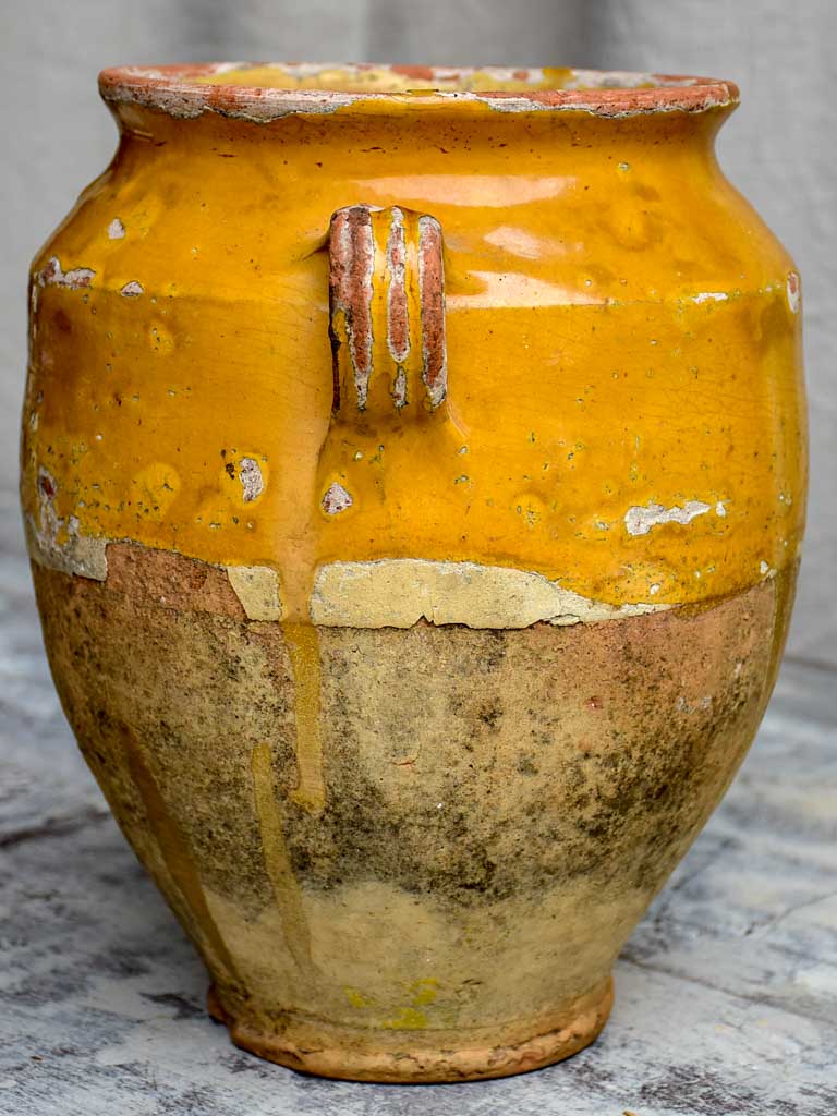 Large antique French confit pot with yellow glaze 11 ½"