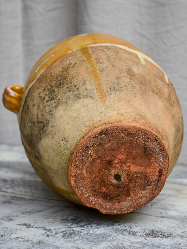 Large antique French confit pot with yellow glaze 11 ½"