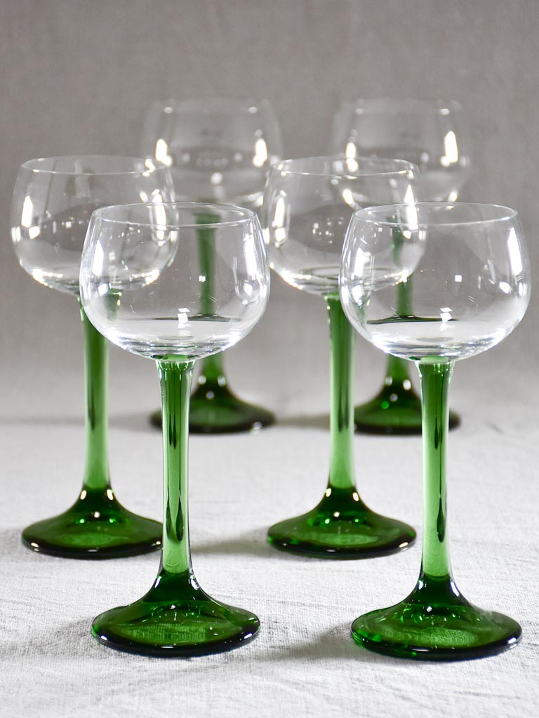 Set of six Alsace wine glasses with dark green stems