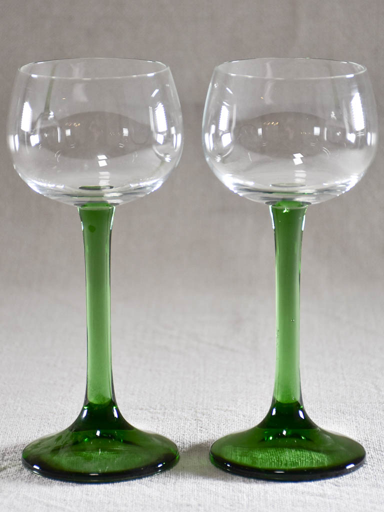 Set of six Alsace wine glasses with dark green stems