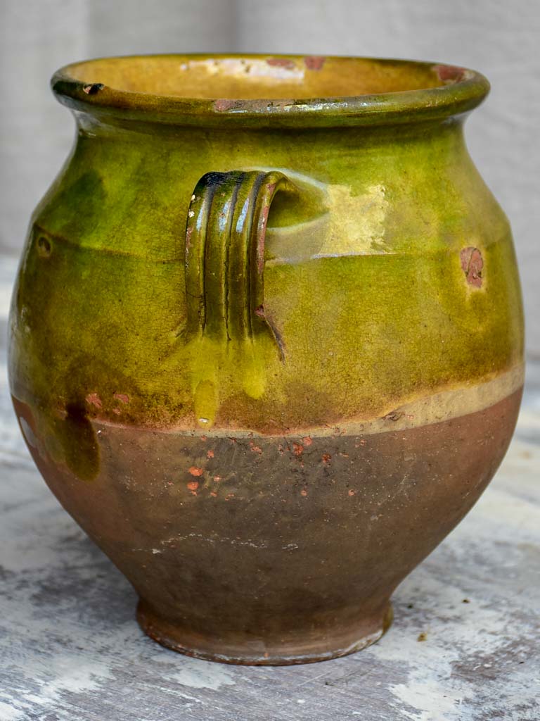 Antique French confit pot with green glaze 9"