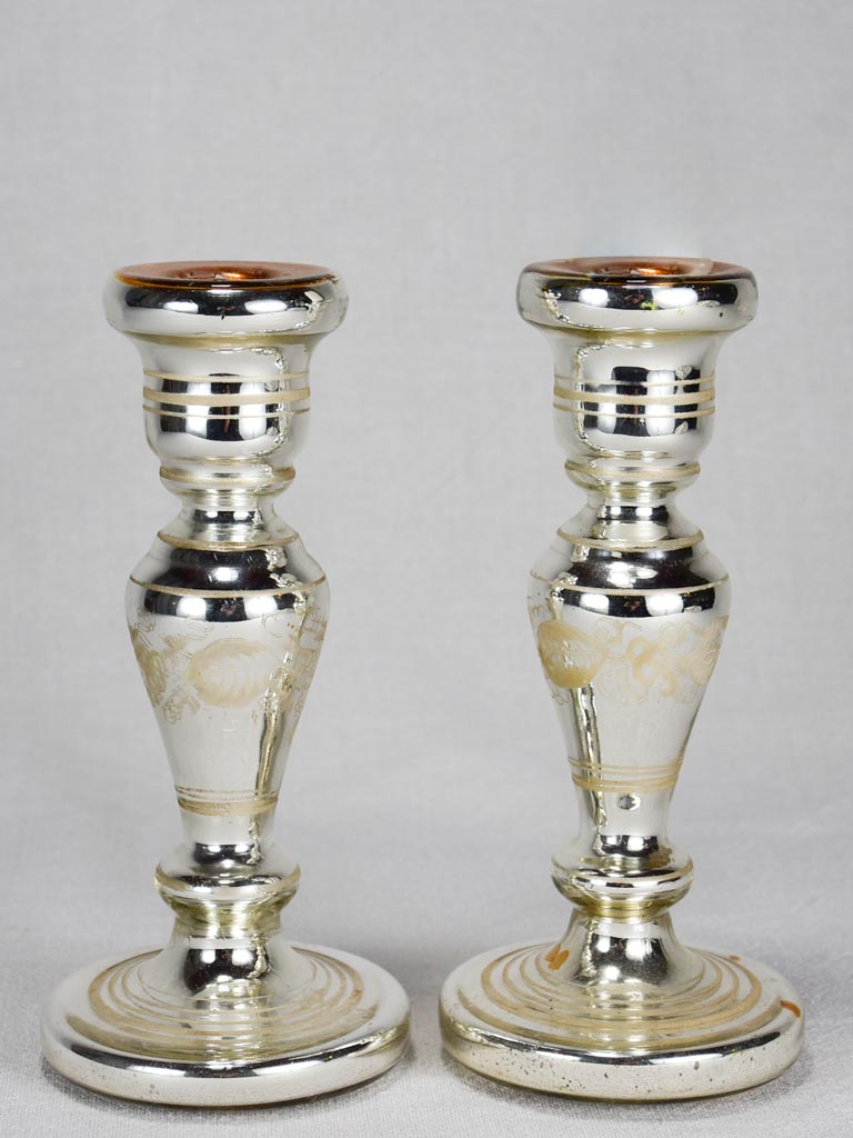 Pair of antique French mercury glass candlesticks 8¾"