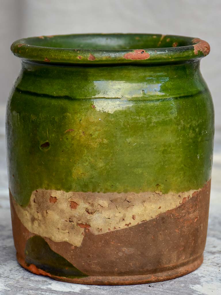 Antique French terracotta pot with dark green glaze