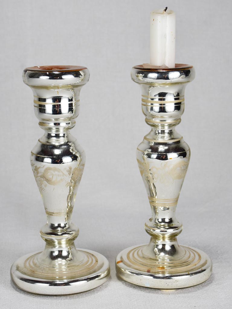 Pair of antique French mercury glass candlesticks 8¾"