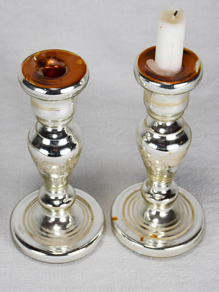 Pair of antique French mercury glass candlesticks 8¾"