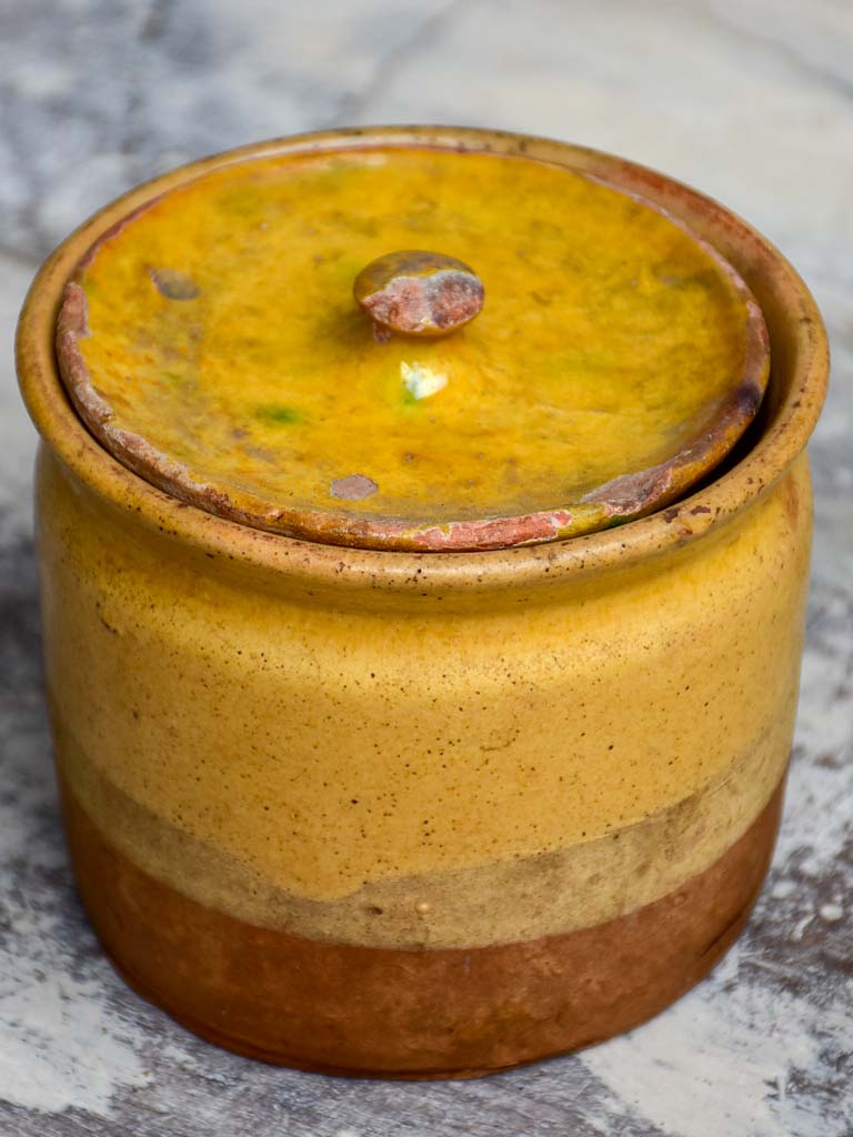 Antique French pot with yellow glaze and lid