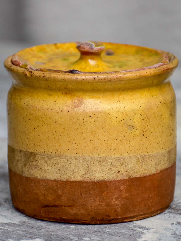 Antique French pot with yellow glaze and lid