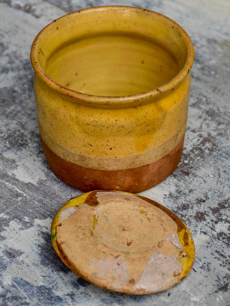 Antique French pot with yellow glaze and lid
