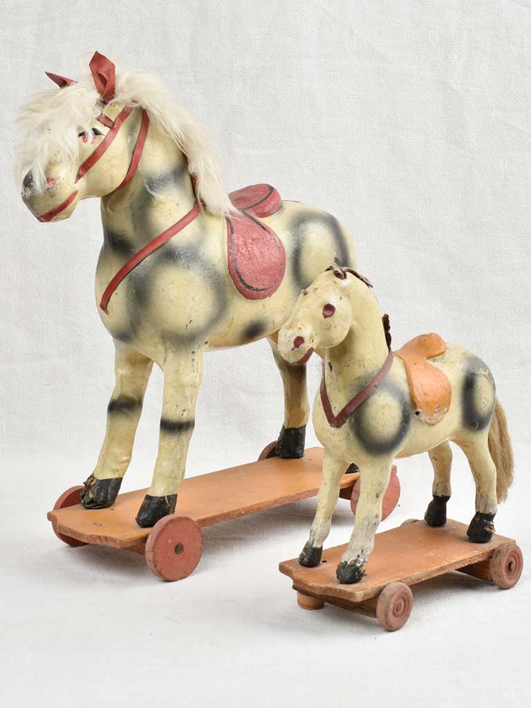 Small Antique French Toys - Two pull toy horses 16¼"