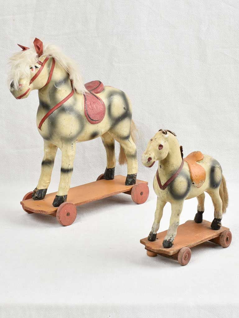 Small Antique French Toys - Two pull toy horses 16¼"