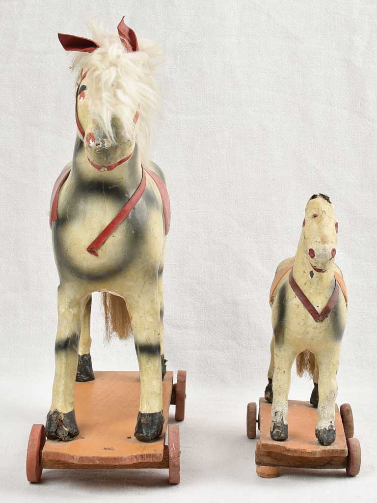 Small Antique French Toys - Two pull toy horses 16¼"