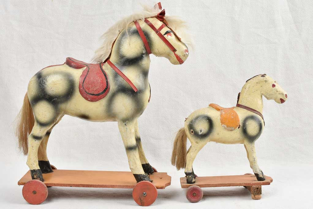 Small Antique French Toys - Two pull toy horses 16¼"