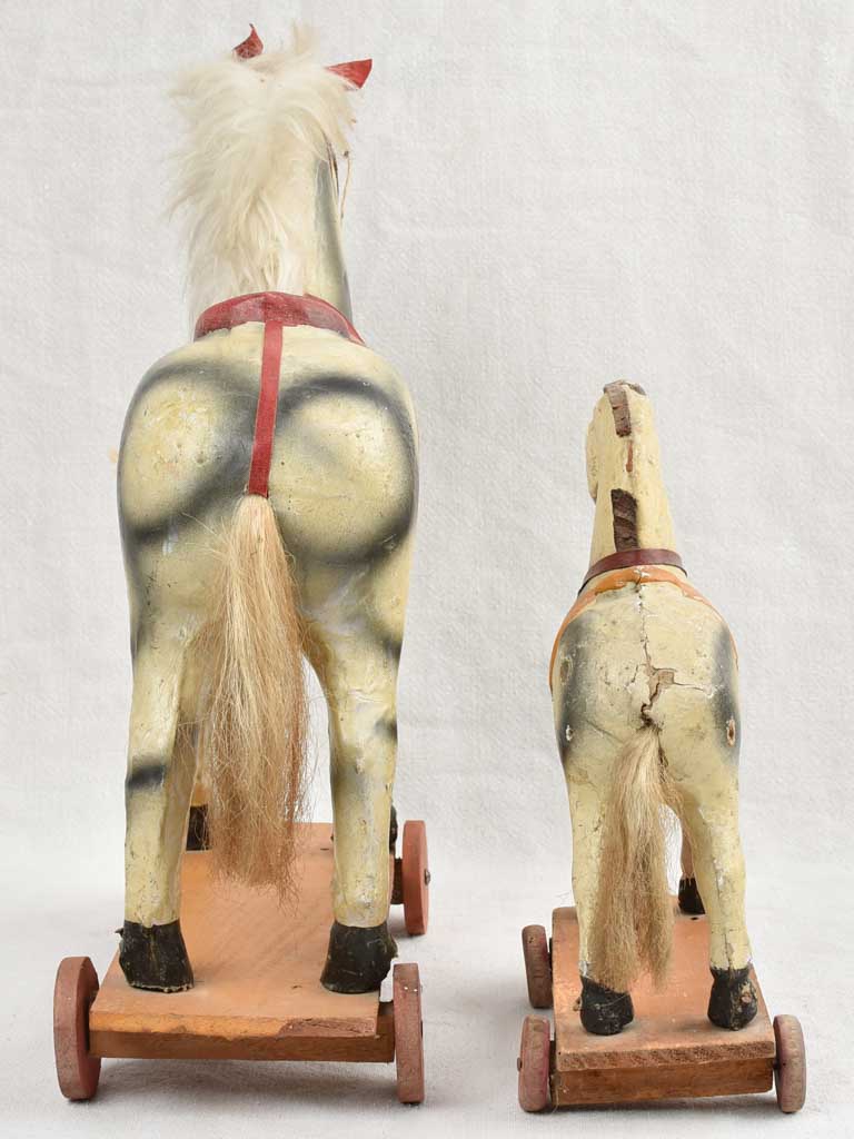 Small Antique French Toys - Two pull toy horses 16¼"