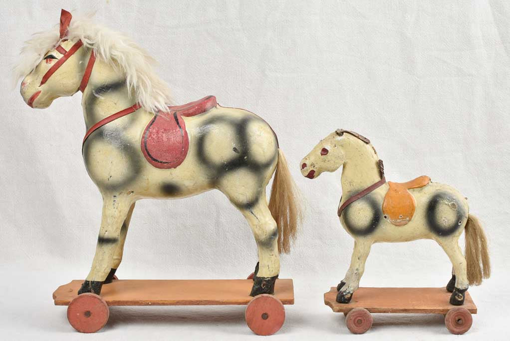 Small Antique French Toys - Two pull toy horses 16¼"