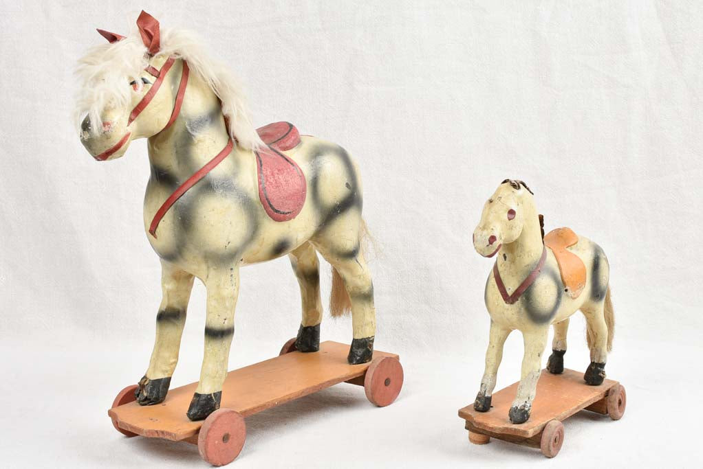 Small Antique French Toys - Two pull toy horses 16¼"