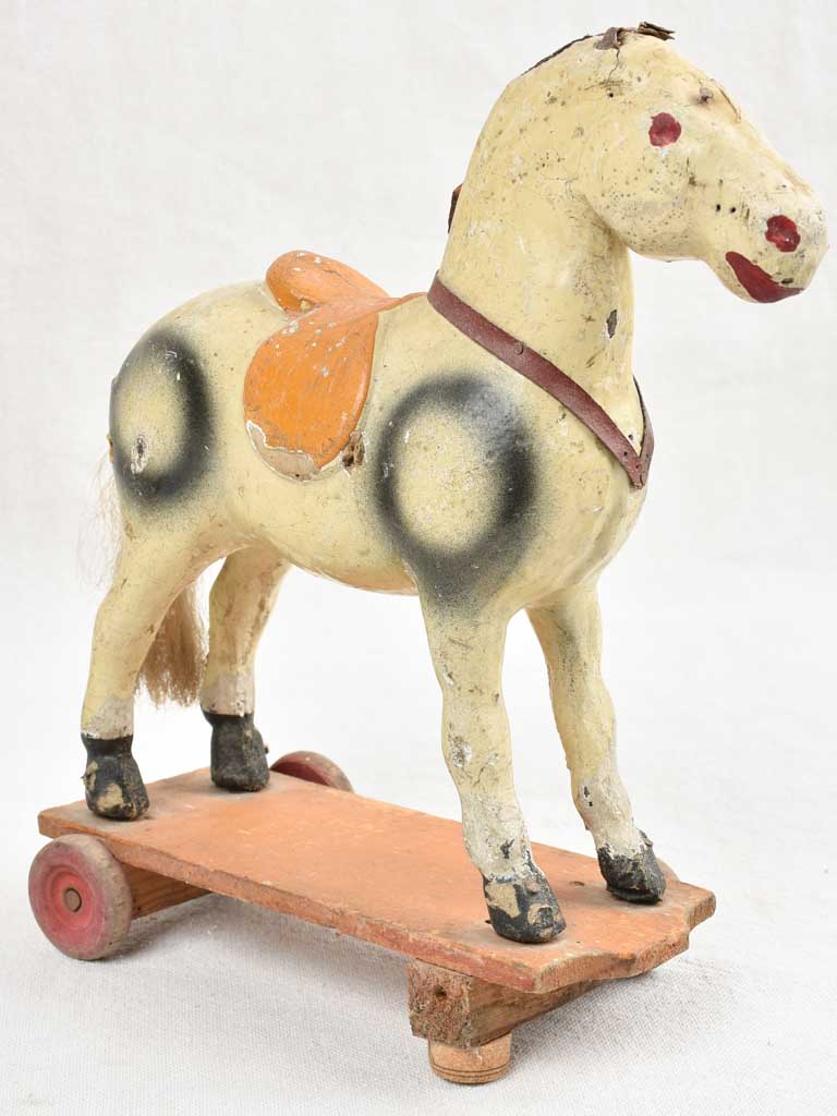 Small Antique French Toys - Two pull toy horses 16¼"