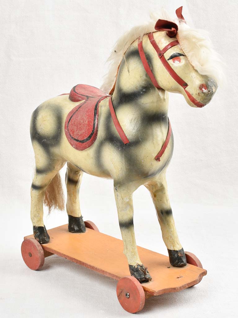 Small Antique French Toys - Two pull toy horses 16¼"