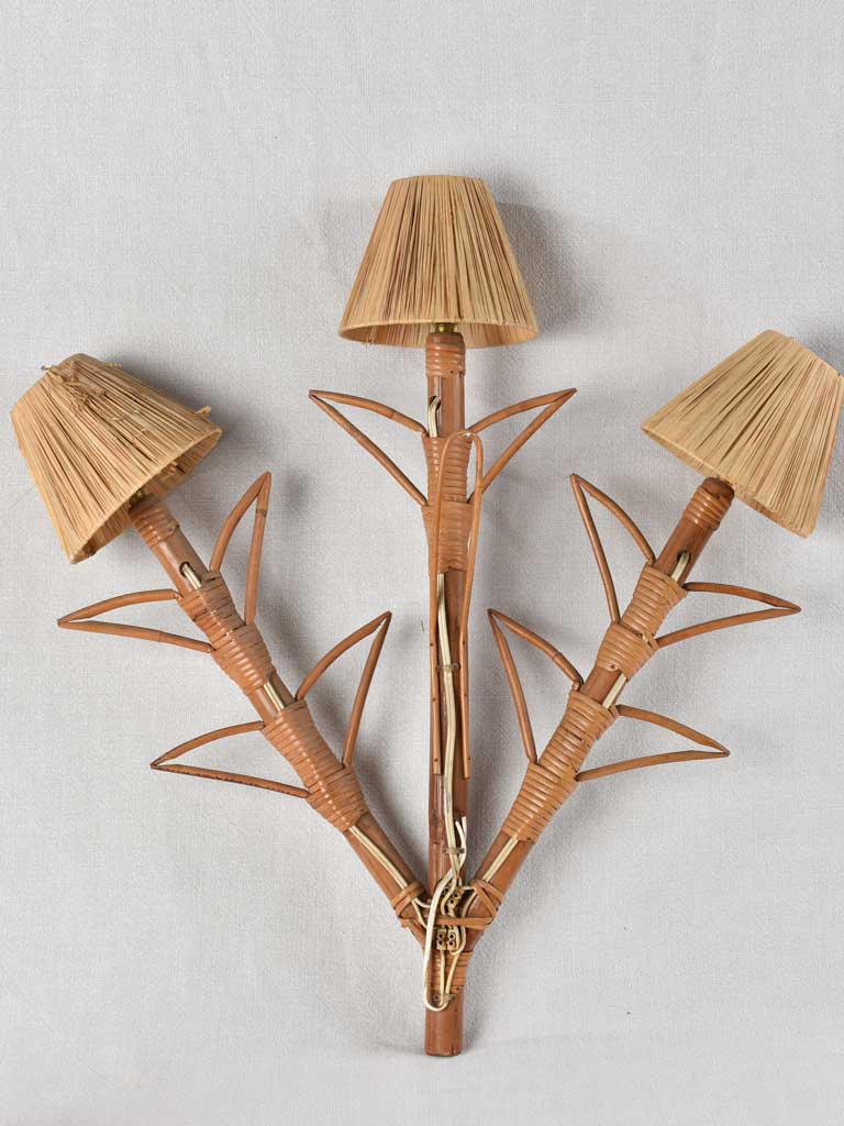Pair of vintage raffia & bamboo wall sconces