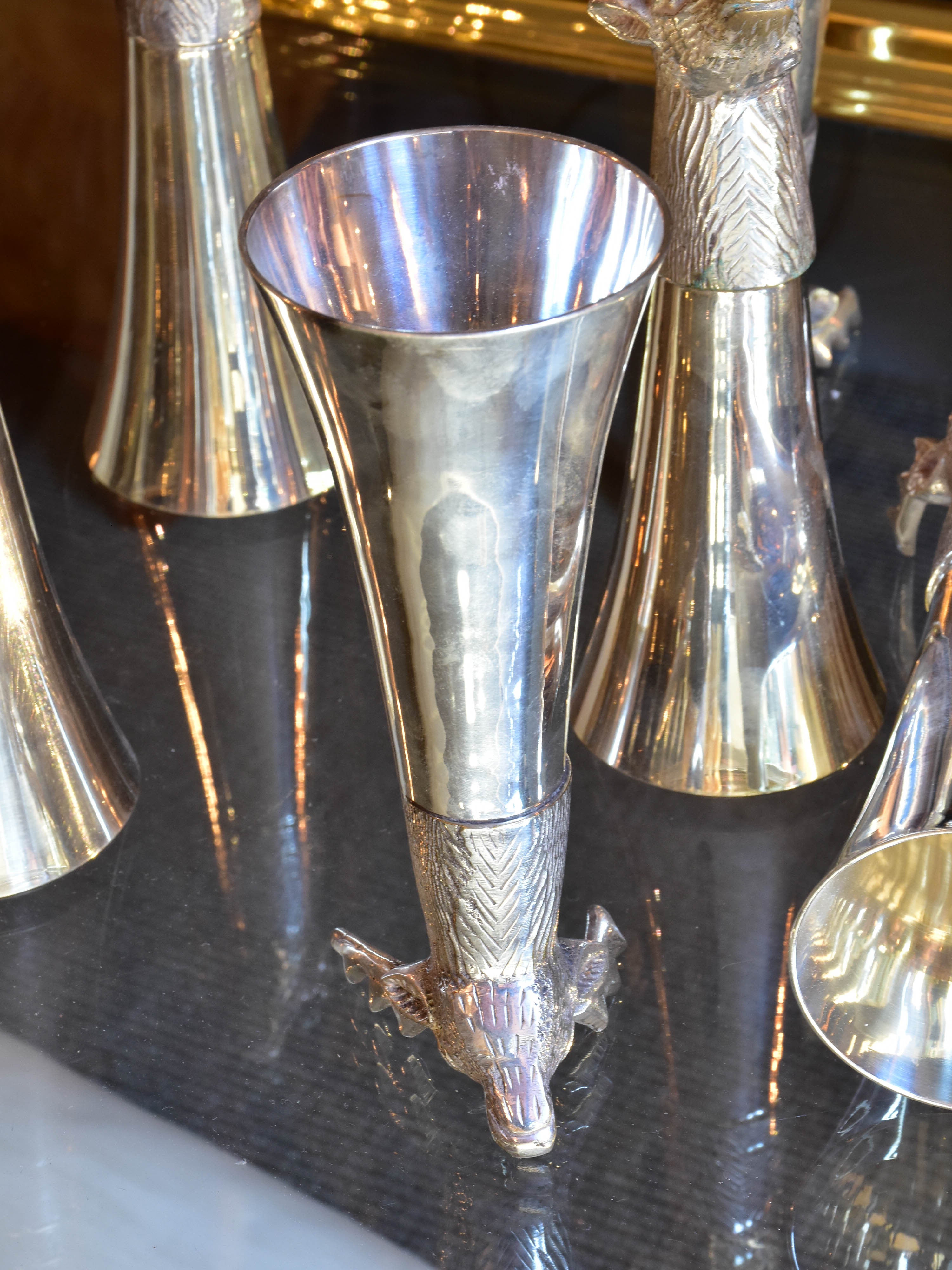 Set of six silver plated hunter’s champagne glasses