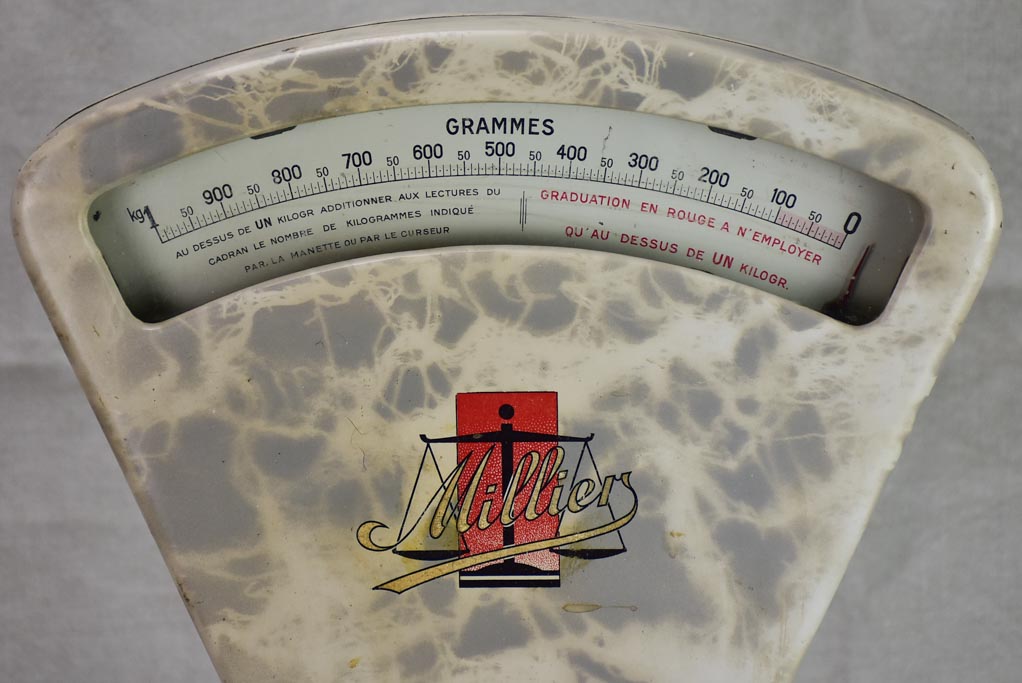 Set of mid century French epicerie scales with faux marble enamel